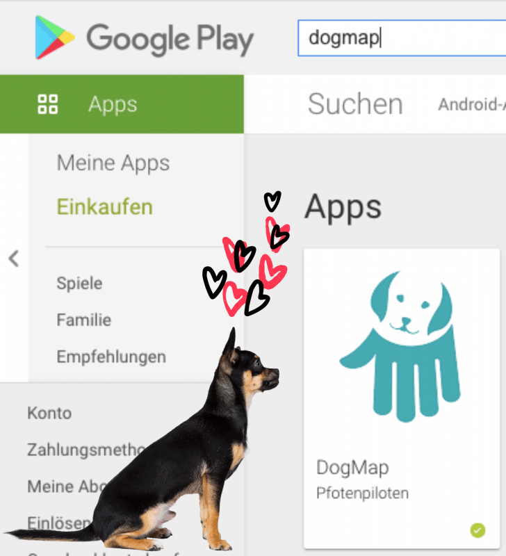 Screenshot from the Google Play Store shows the DogMap App of the Pfotenpiloten. To the left, a sitting sheepdog is admiring her while red and black hearts fly towards her.