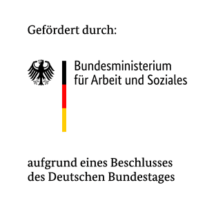 Logo der Bundesregierung mit dem Text "Gefördert durch Bundesministerium für Arbeit und Soziales aufgrund eines Beschlusses des Deutschen Bundestages.