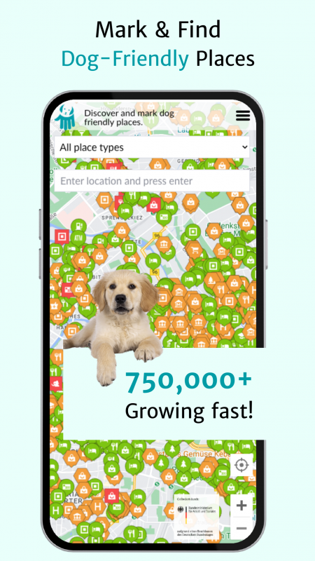 Smartphone screen for an app that displays dog-friendly locations on a map. At the top of the screen is the text 'Discover and mark dog-friendly places', below which is a map densely populated with green and orange markers for various locations. Above the map is a picture of a cute Golden Retriever puppy. Below the puppy it says '750,000+ is growing fast!