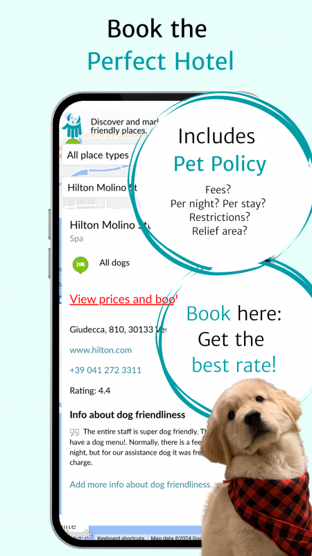 Screenshot of a smartphone with an advert for the 'Hilton Molino Stucky' hotel, specifically aimed at dog owners. At the top of the screen it says 'Book the perfect hotel' followed by 'Info for dog guests' with questions about fees, conditions of stay and green zones. At the bottom of the advert are details of the hotel including address, website, telephone number and a rating of 4.4. A picture of a golden retriever puppy with a scarf is visible.